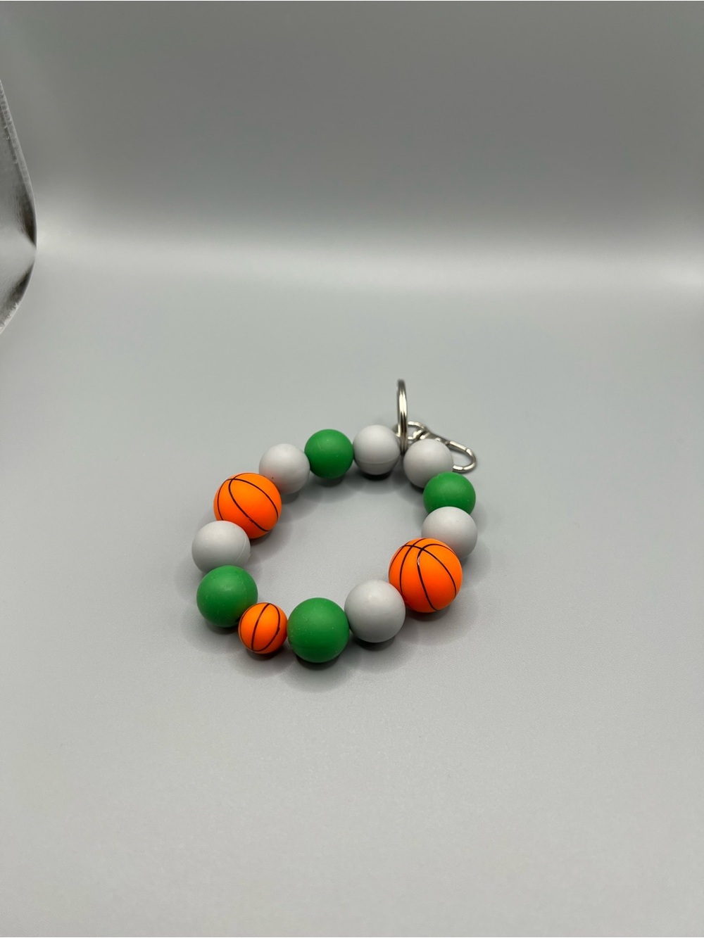 Green & White Beaded Keychain with Orange Basketball Accents - Handmade - K0296C